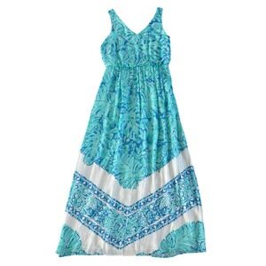 Vineyard Vines Women's Maxi Dress‎ Palm Leaf Capri Blue 100% Silk $248 Sz 8
